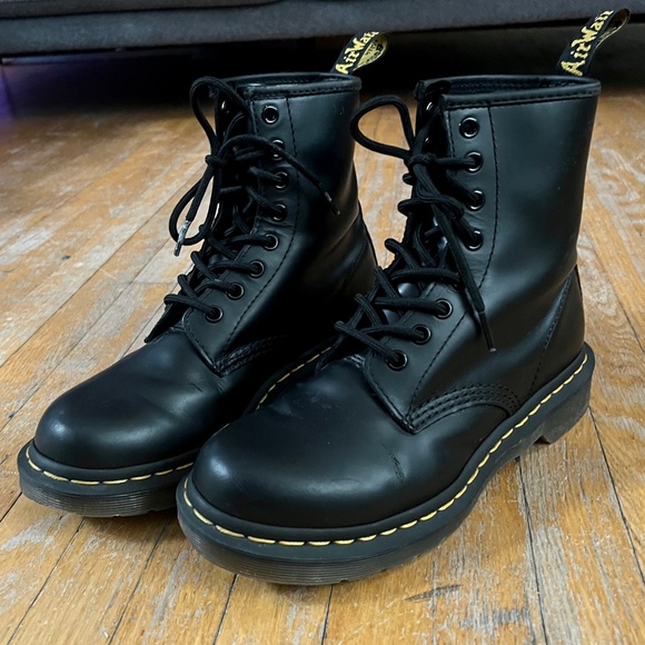 Dr. Martens Shoes - Original 100% Leather Dr. Martens Black Sleek Lace-Up Boots, Yellow Stitching